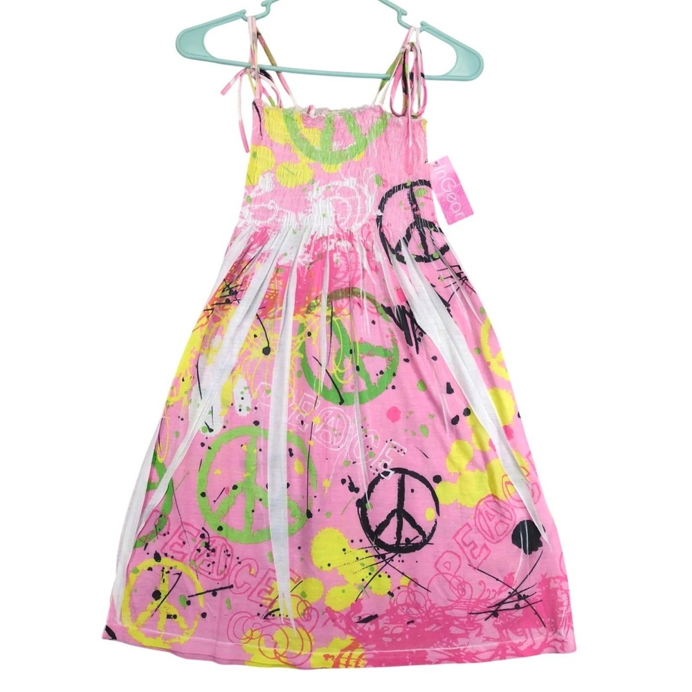 NWT InGear Pink Peace Graphic Mini Dress Sz S Smocked Tie Straps Beach Festival